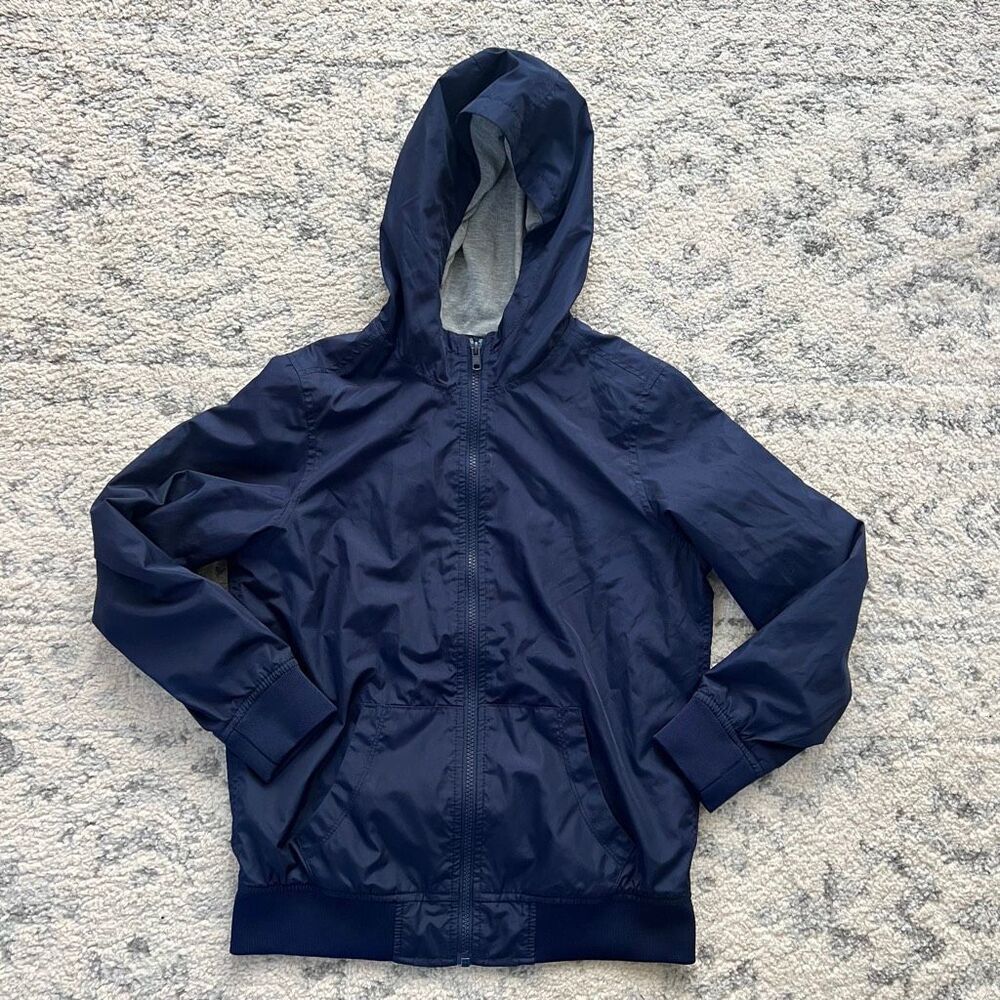 Old Navy Navy Hooded Zip Jacket Kids L 10-12 Gray Jersey Lined